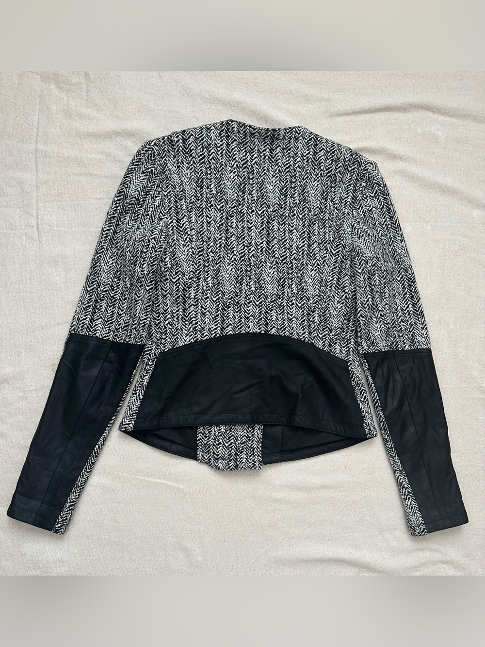 Theory Joean Herringbone Tweed Goat Leather Sleeve Asymmetric Moto Jacket 4 - Picture 10 of 14